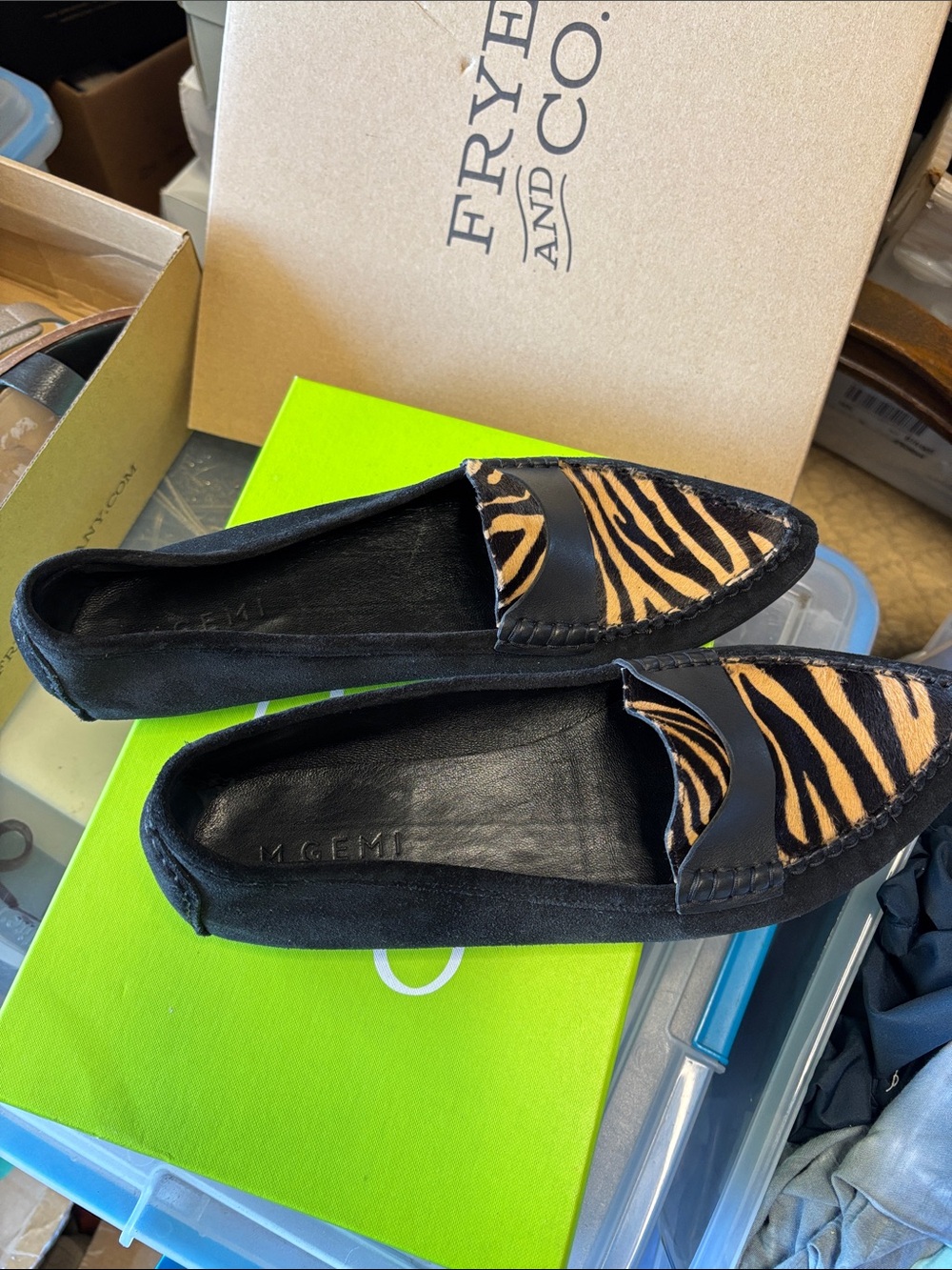 M. Gemi Women’s Black Suede Loafers with Tiger Print Accent
